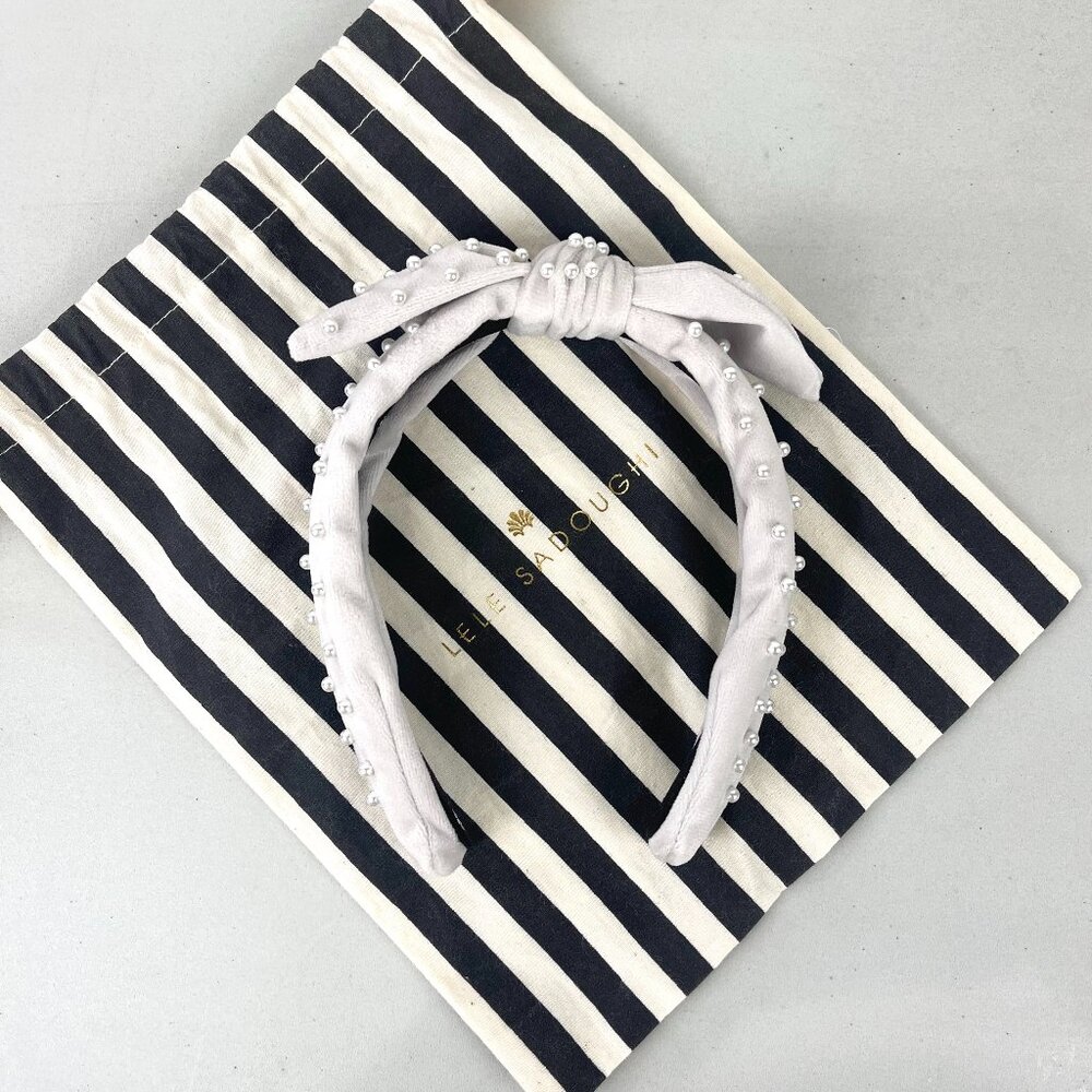 Lele Sadoughi x Crewcuts Grey Velvet Pearl Bow Headband Kids Embellished Preppy